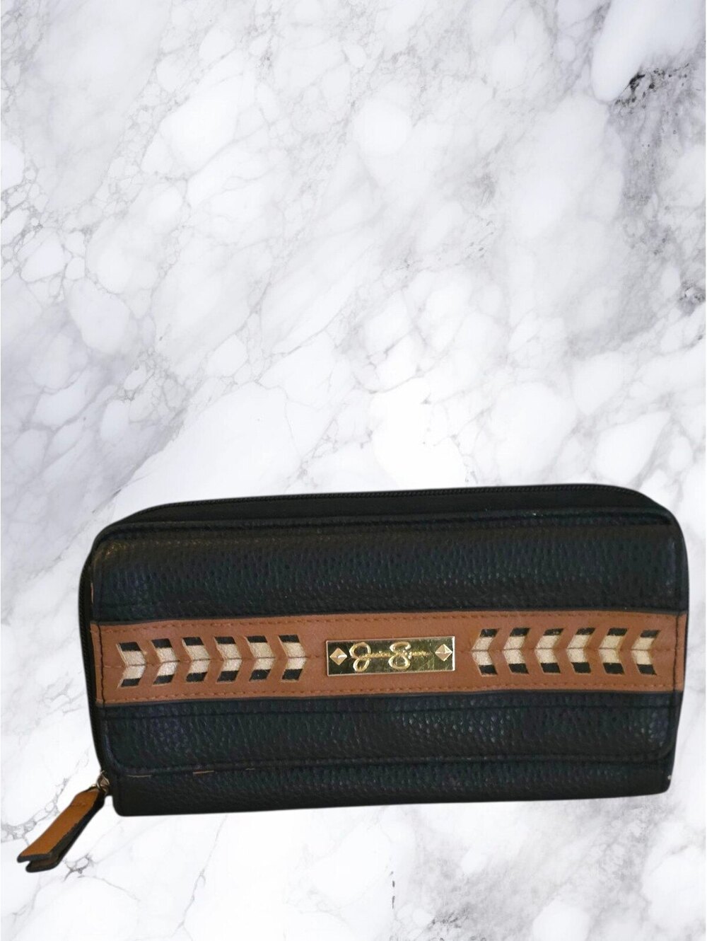 Jessica Simpson Black Cognac Zip Around Wallet Leopard Print Gold Hardware